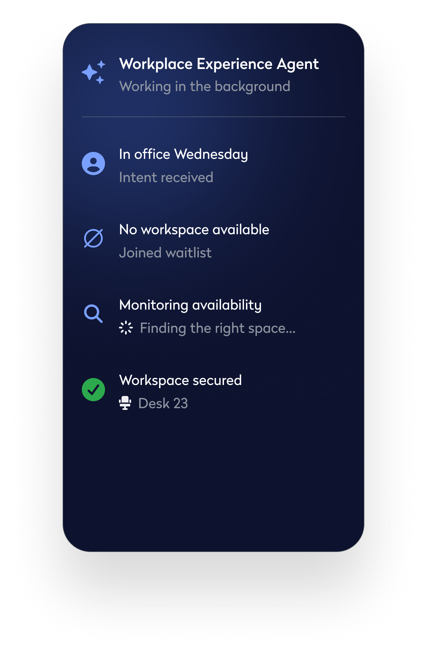 Workplace Experience Agent instant booking on phone