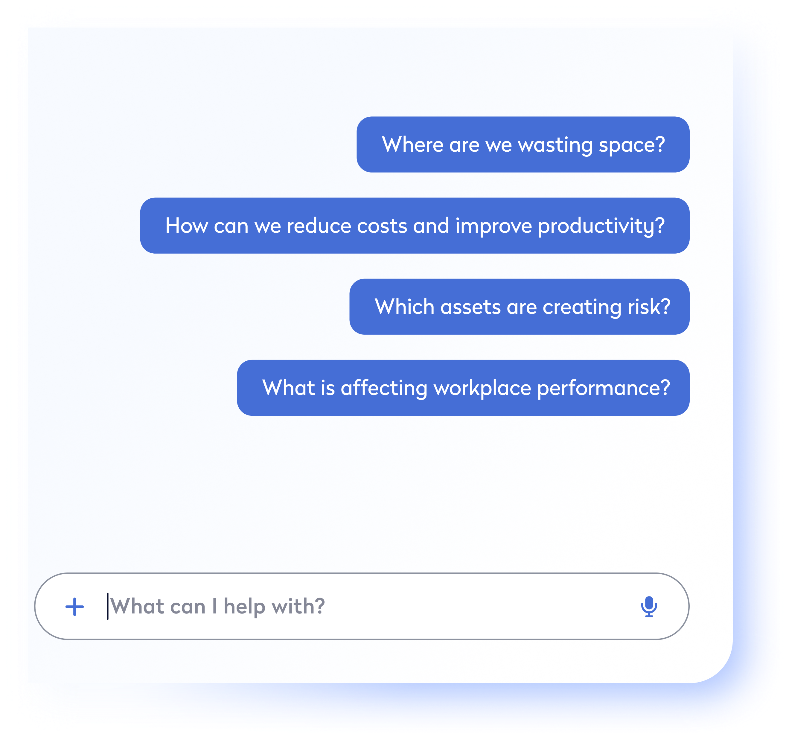 Eptura AI chat interface answering questions about wasted space, costs, asset risk, and workplace performance