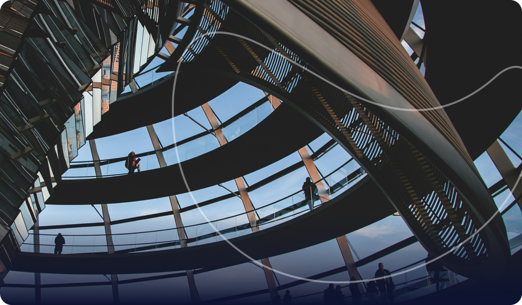 Glass dome interior with spiral walkways and people