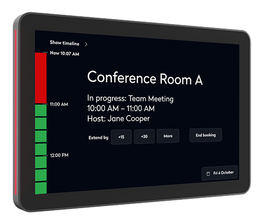 Logitech Tap Scheduler showing Conference Room A with LED availability indicator