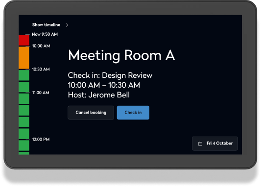 Logitech Tap Scheduler showing Meeting Room A check-in screen