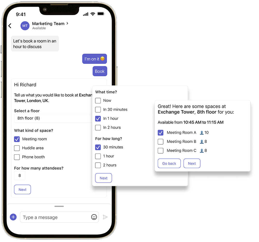 Eptura Engage mobile app showing room booking chat interface