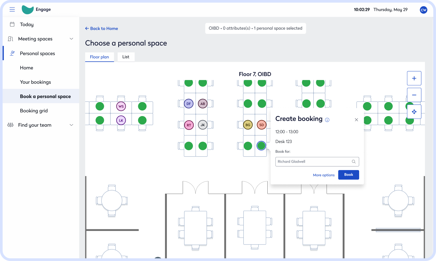 Eptura Engage floor plan showing personal space booking with Create booking dialog