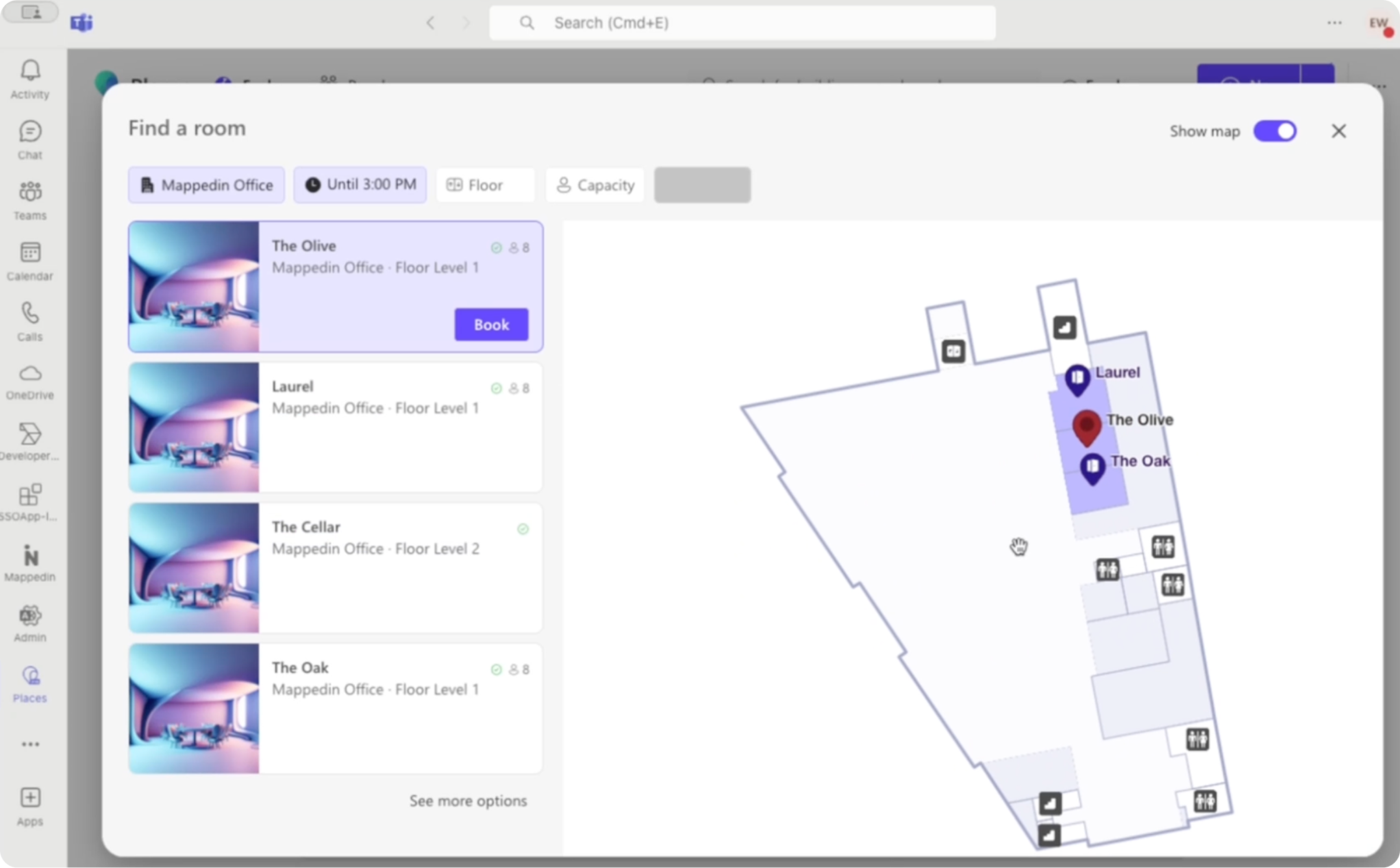 Microsoft Places room booking interface showing floor plan with available rooms