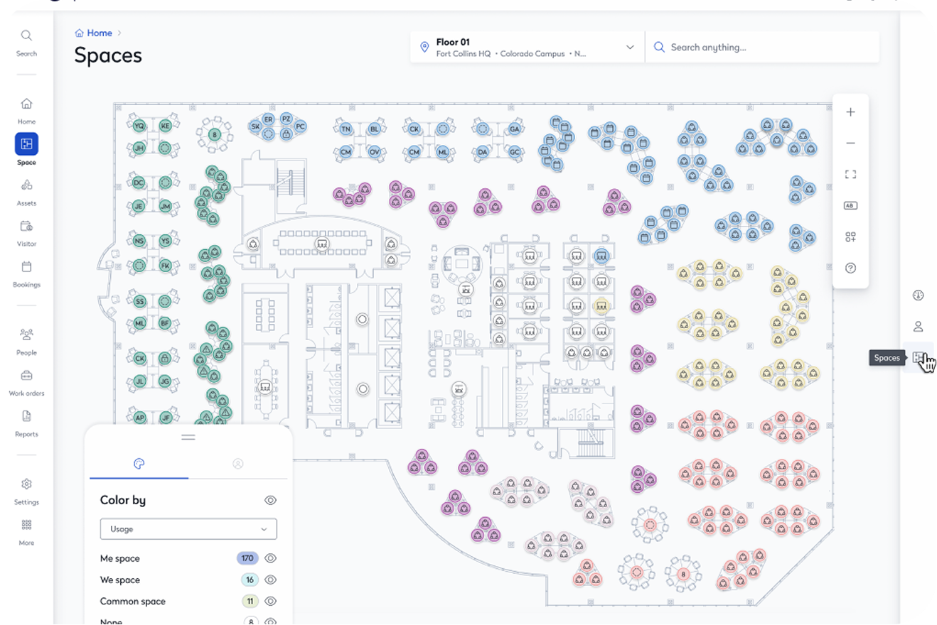 Spaces floor plan view showing space utilization by color