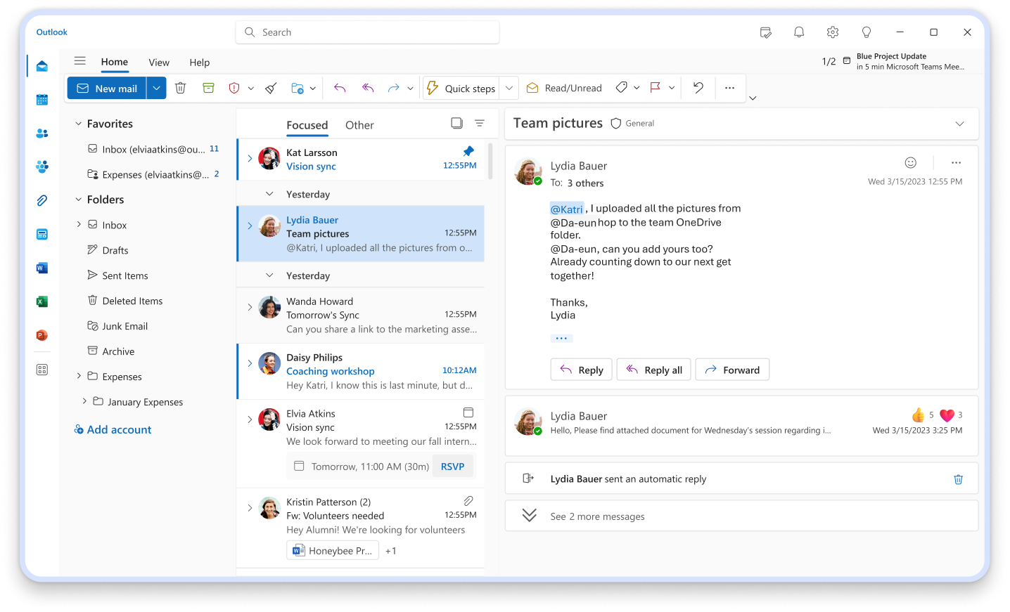 Microsoft Outlook inbox showing workplace service integrations