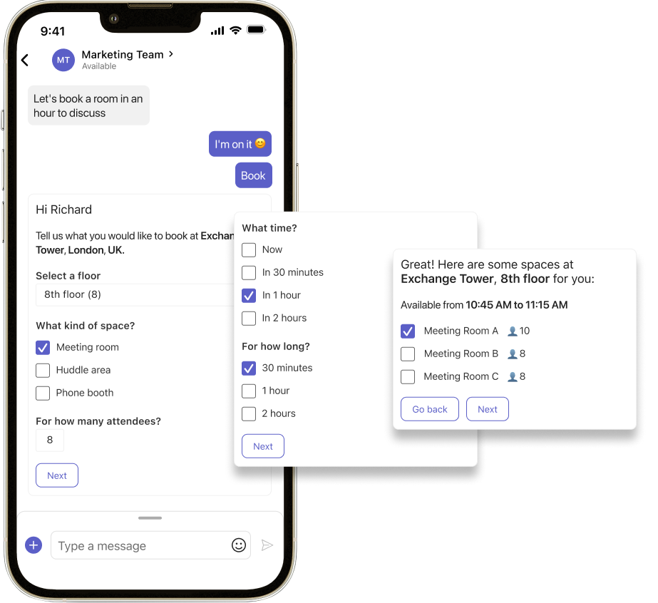 Microsoft Teams booking flow in Eptura Engage — phone screen with overlapping dialog cards