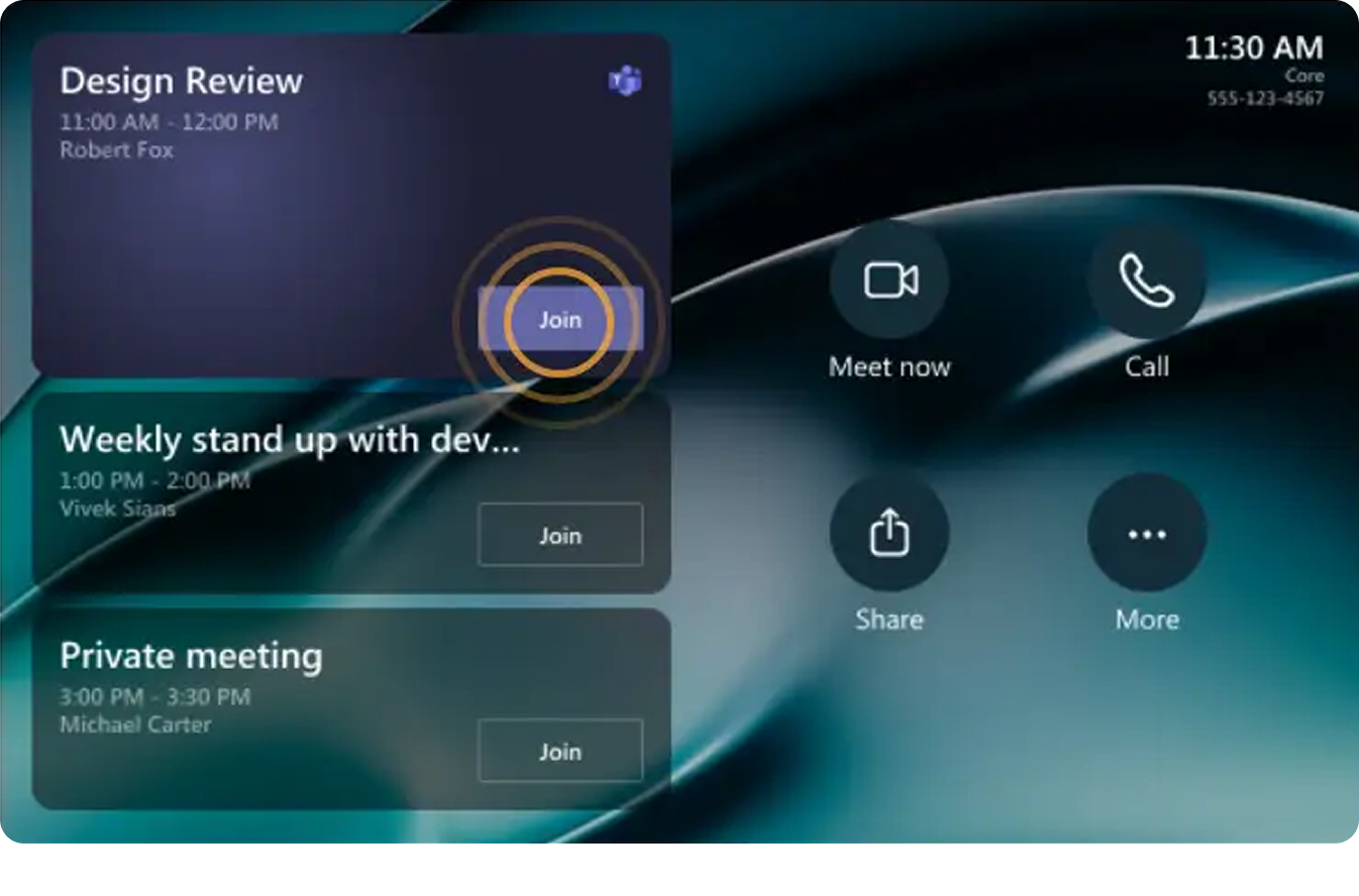 Microsoft Teams Rooms display showing Design Review meeting with Join button