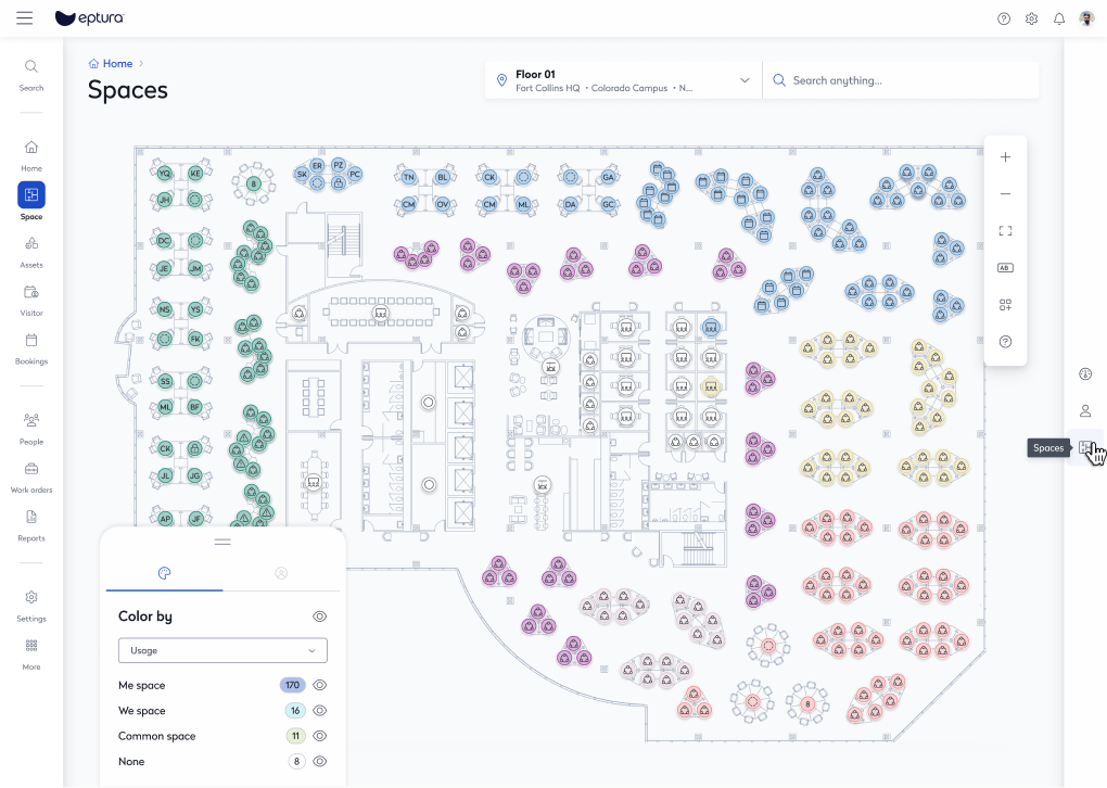 Eptura space planning interface showing floor plan with room listings