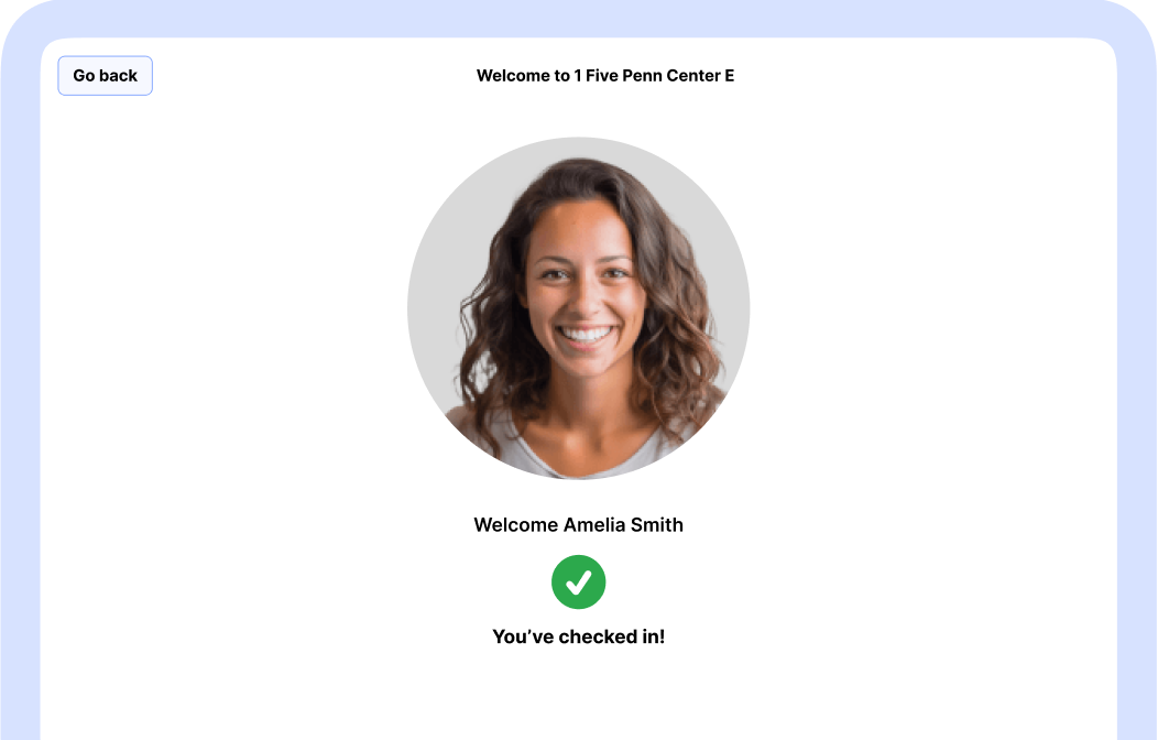 Visitor check-in screen showing facial recognition with Welcome Amelia Smith confirmation