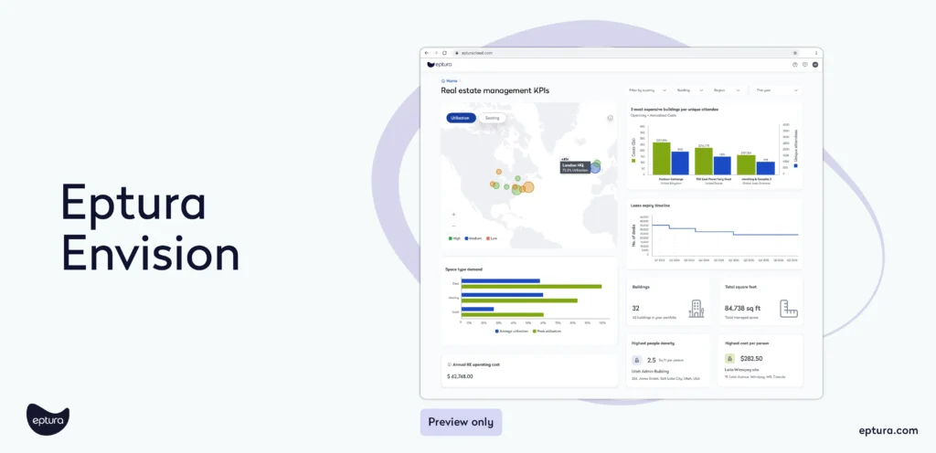 Eptura Envision data analytics consolidates occupancy, real estate, and asset data to provide advanced business intelligence.