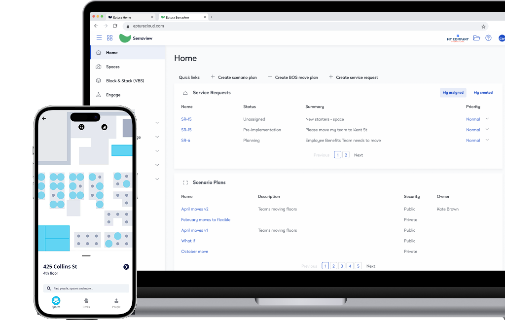 Eptura Serraview app on laptop and phone